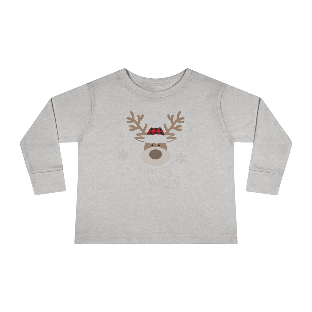 A grey toddler long-sleeve tee featuring a deer head design, perfect for the holidays. Made of 100% combed ringspun cotton, with ribbed collar and EasyTear™ label for comfort and durability.