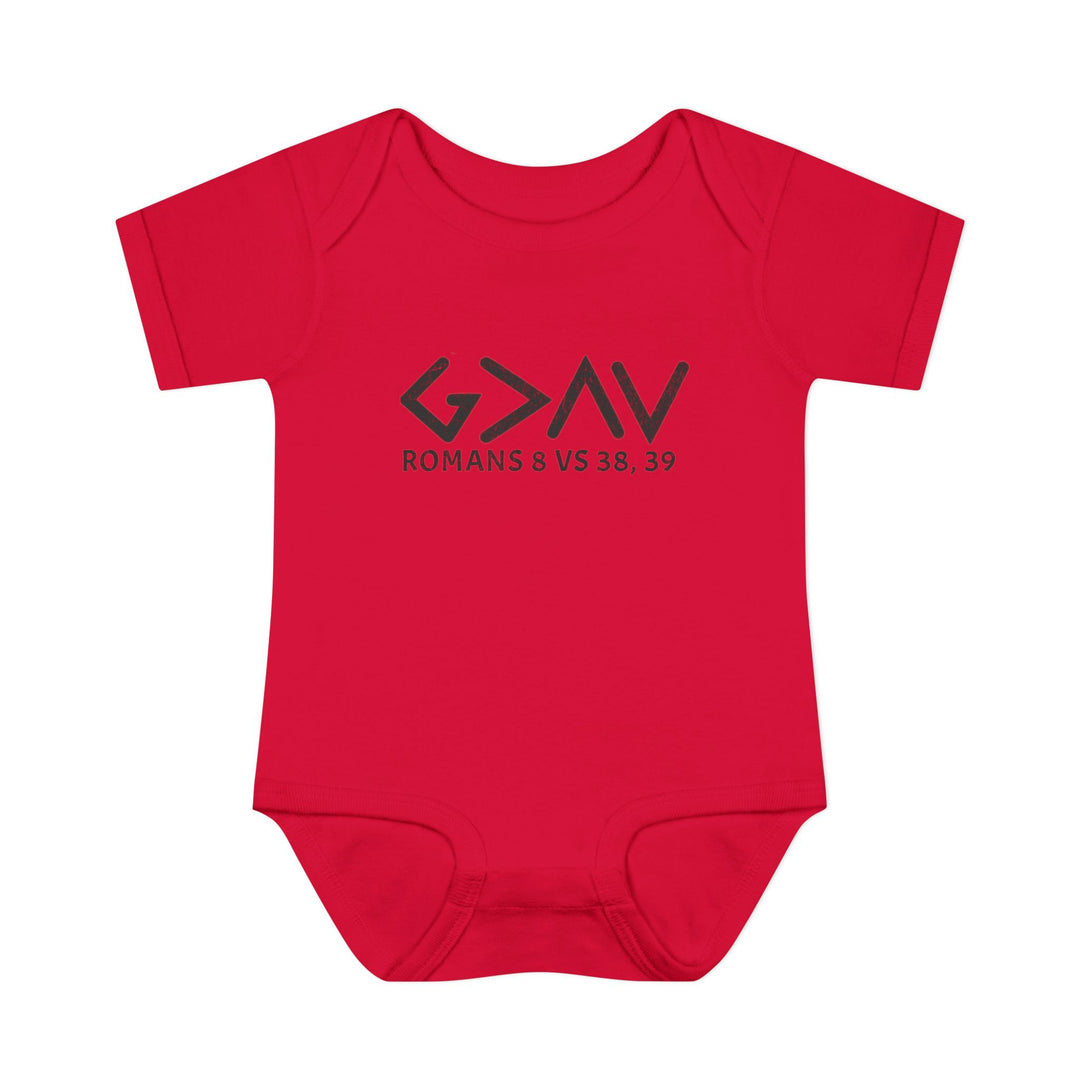 God is Greater Onesie: Red baby bodysuit with black text, featuring a soft, comfortable design with lap shoulders, ideal for infants. Made of 100% ring-spun cotton.