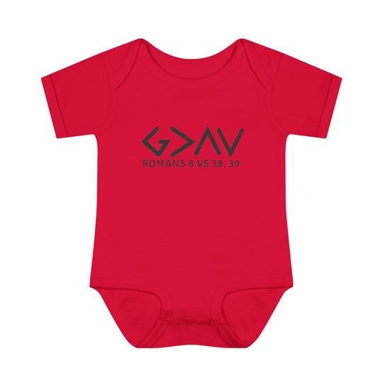 God is Greater Onesie: Red baby bodysuit with black text, featuring a soft, comfortable design with lap shoulders, ideal for infants. Made of 100% ring-spun cotton.