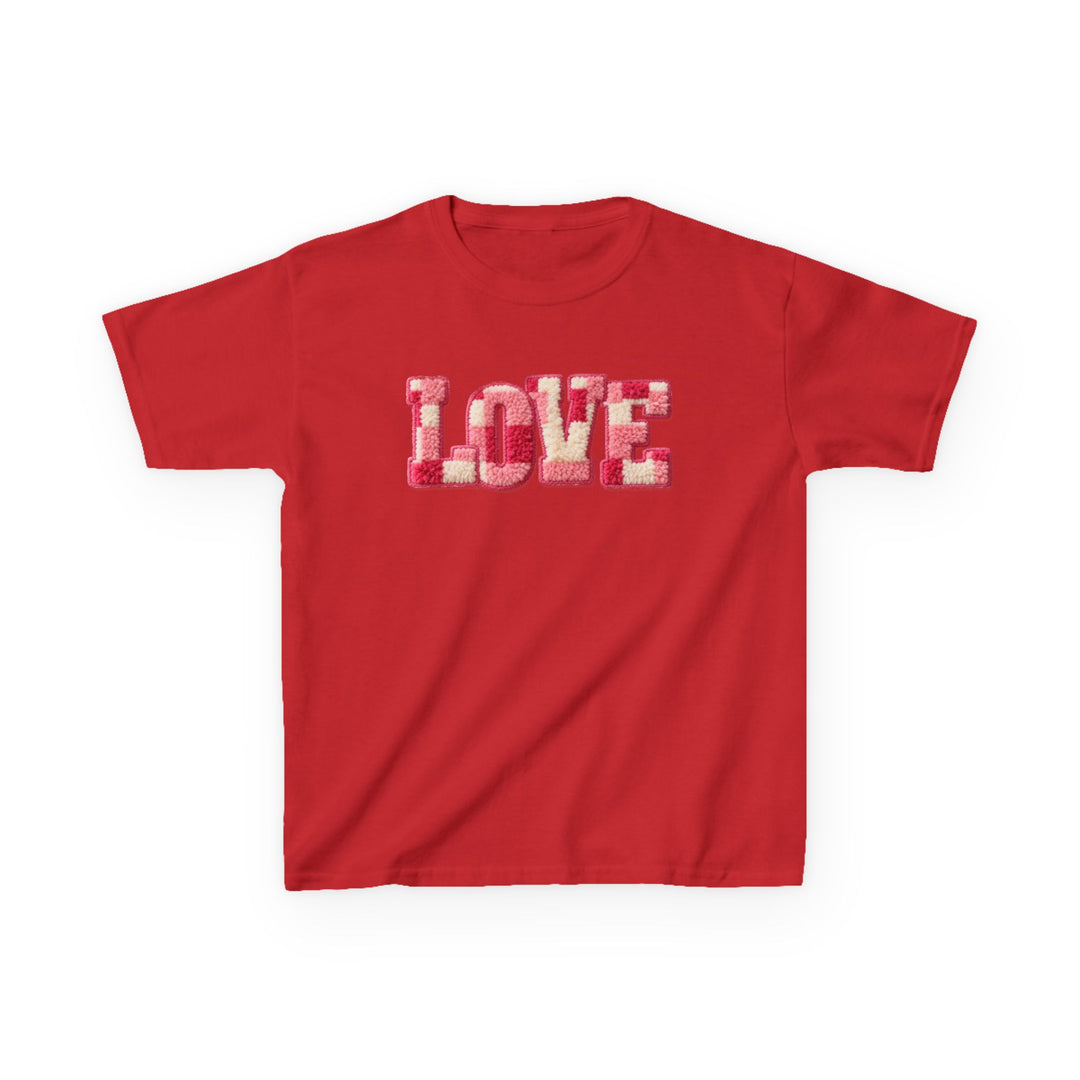 Love Kids Tee features a red T-shirt with LOVE in textured chenille-style letters across the chest, ideal for everyday wear.