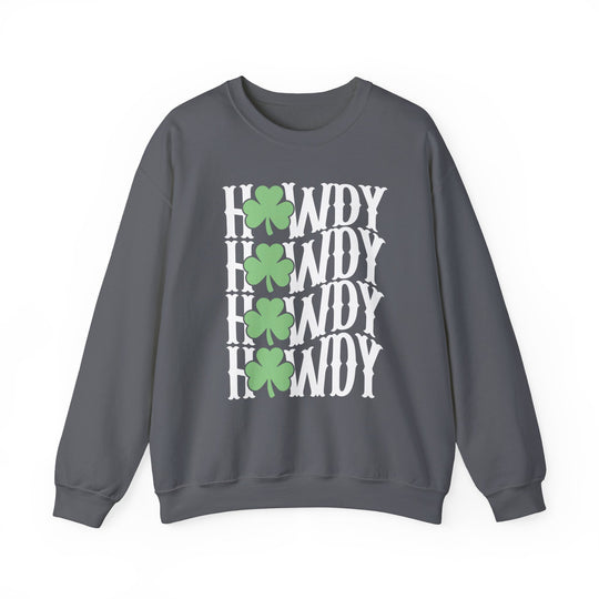 Howdy Lucky Crew sweatshirt featuring white text and green clovers, combining comfort and style with a ribbed knit collar and a cotton-polyester blend.