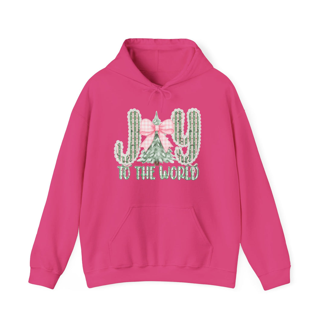Bright pink Joy to the World hoodie featuring cacti and Christmas tree graphic, spacious kangaroo pocket, and color-matched drawstring, perfect for cozy, stylish wear.