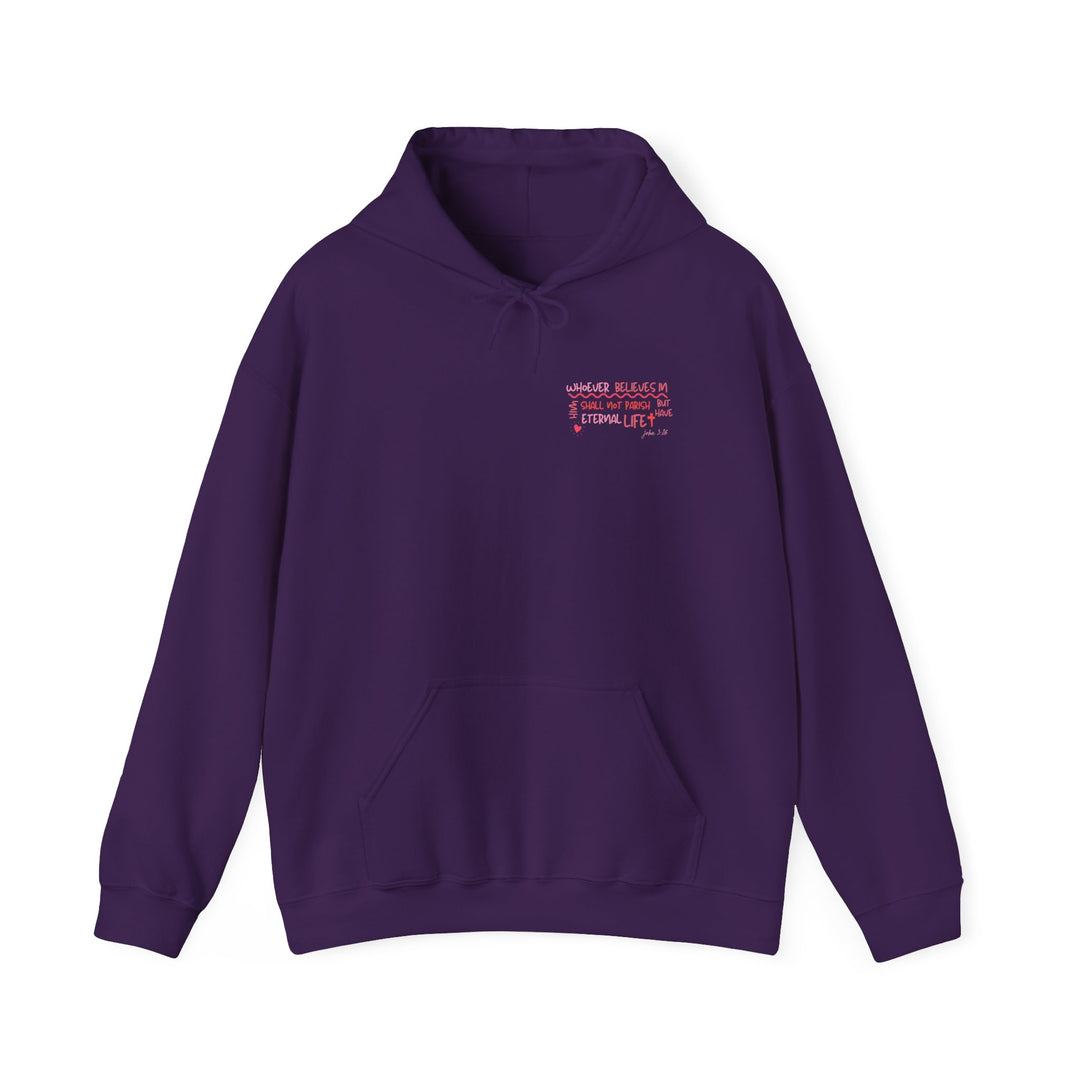 Unisex John 3:16 Hoodie, a cozy blend of cotton and polyester. Features a kangaroo pocket and matching hood drawstring. Perfect for chilly days. Classic fit, tear-away label, true to size.