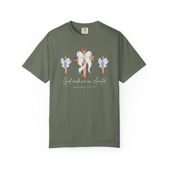 Olive-green T-shirt with three wooden crosses and bows, God Made Me an Auntie, and Psalms 127:3 script, by Comfort Colors.