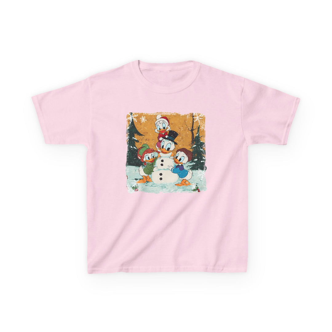 Duck Snowmen Kids Tee featuring cartoon ducks building a snowman in a snowy scene, perfect for everyday wear with durable and soft cotton fabric.