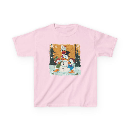 Duck Snowmen Kids Tee featuring cartoon ducks building a snowman in a snowy scene, perfect for everyday wear with durable and soft cotton fabric.