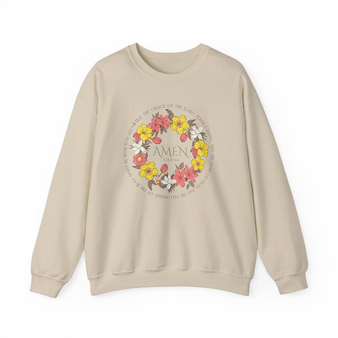 Close-up of the Amen Crew unisex sweatshirt showcasing its ribbed crew neckline and durable stitching, ideal for comfortable wear and embroidery customization.