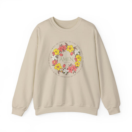 Close-up of the Amen Crew unisex sweatshirt showcasing its ribbed crew neckline and durable stitching, ideal for comfortable wear and embroidery customization.