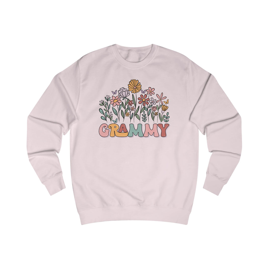 Light-pink crewneck sweatshirt with a colorful floral and butterfly graphic, featuring GRAMMY in retro letters, made from soft cotton-polyester blend for comfort.