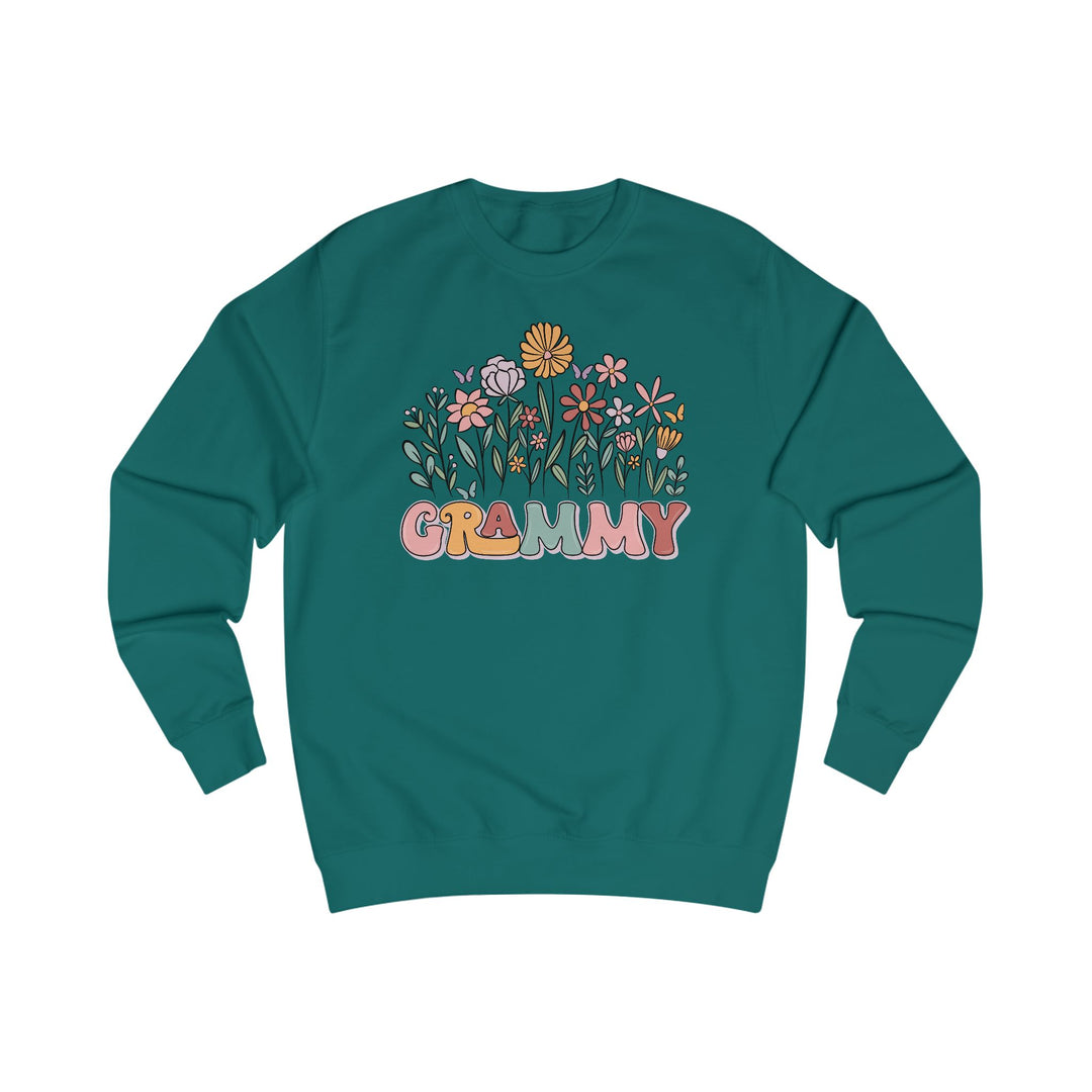 Teal Grammy Flower Sweatshirt with retro pastel letters, spring flowers, and butterflies. Made of cotton-poly blend for comfort and style, featuring ribbed seams.