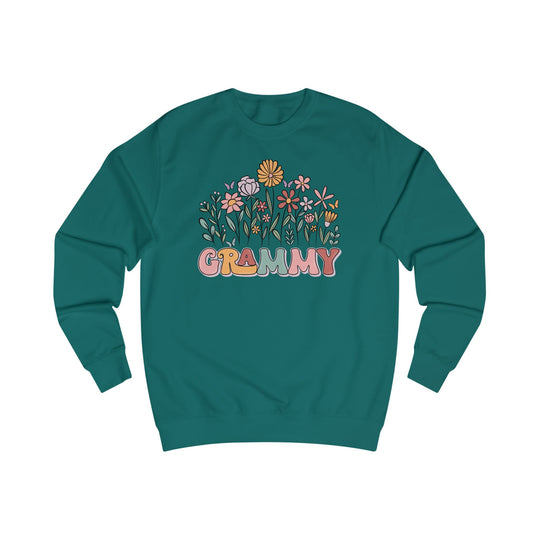 Teal Grammy Flower Sweatshirt with retro pastel letters, spring flowers, and butterflies. Made of cotton-poly blend for comfort and style, featuring ribbed seams.