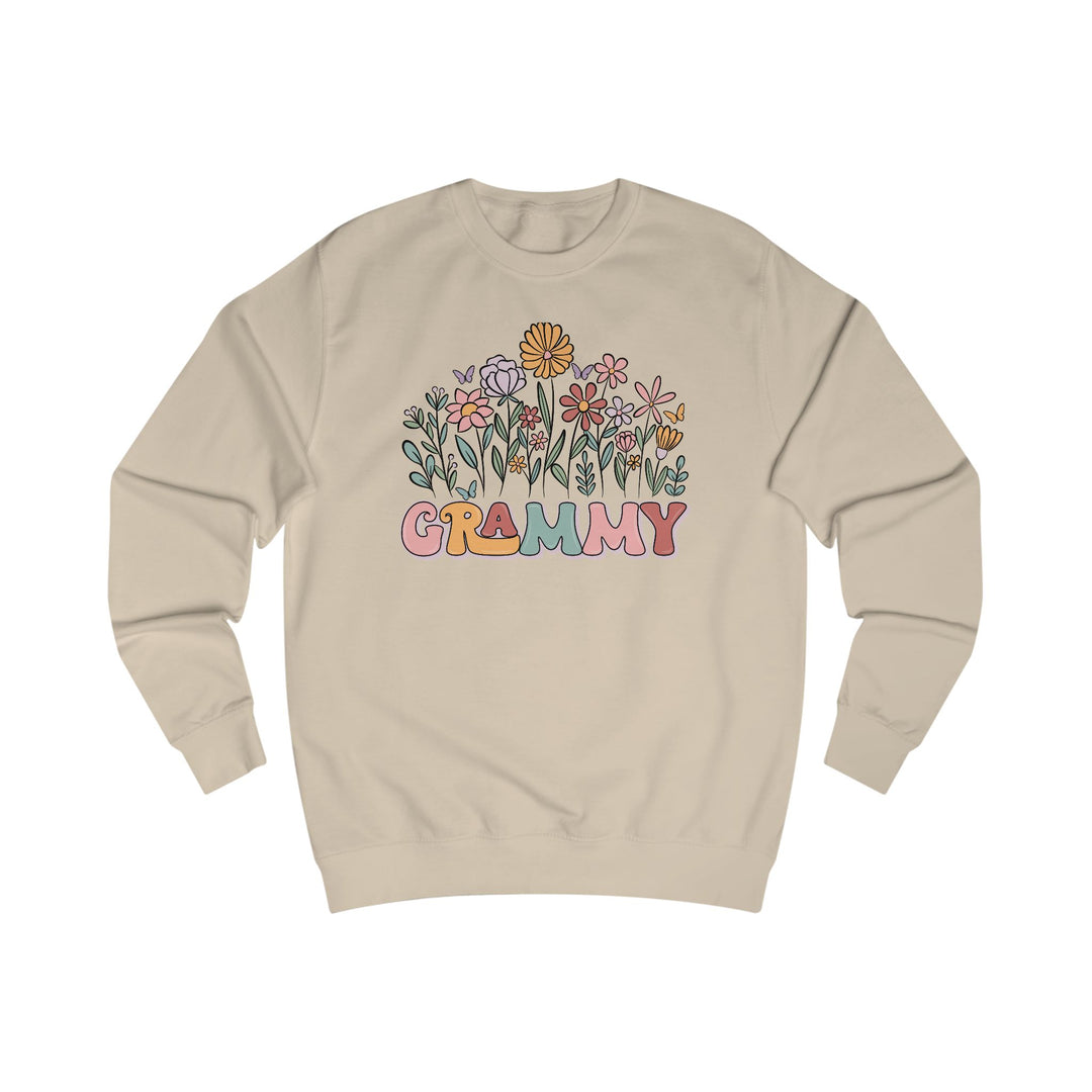 Light-beige crewneck Grammy Flower Sweatshirt with retro-style pastel flowers and butterflies graphic, showcasing a comfortable unisex fit with ribbed seams and elastic collars.