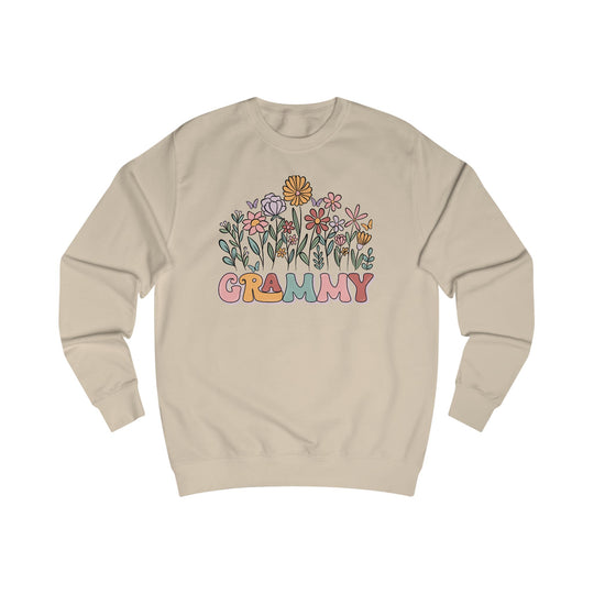Light-beige crewneck Grammy Flower Sweatshirt with retro-style pastel flowers and butterflies graphic, showcasing a comfortable unisex fit with ribbed seams and elastic collars.