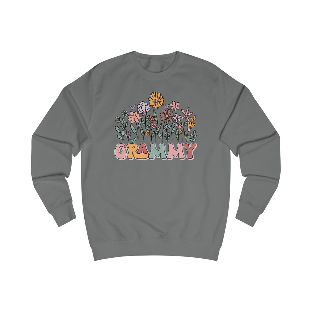 Gray crewneck Grammy Flower Sweatshirt featuring vintage-style wildflowers and butterflies, crafted from soft cotton-polyester blend for comfort and style.