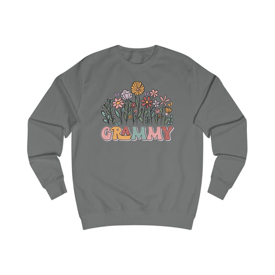 Gray crewneck Grammy Flower Sweatshirt featuring vintage-style wildflowers and butterflies, crafted from soft cotton-polyester blend for comfort and style.