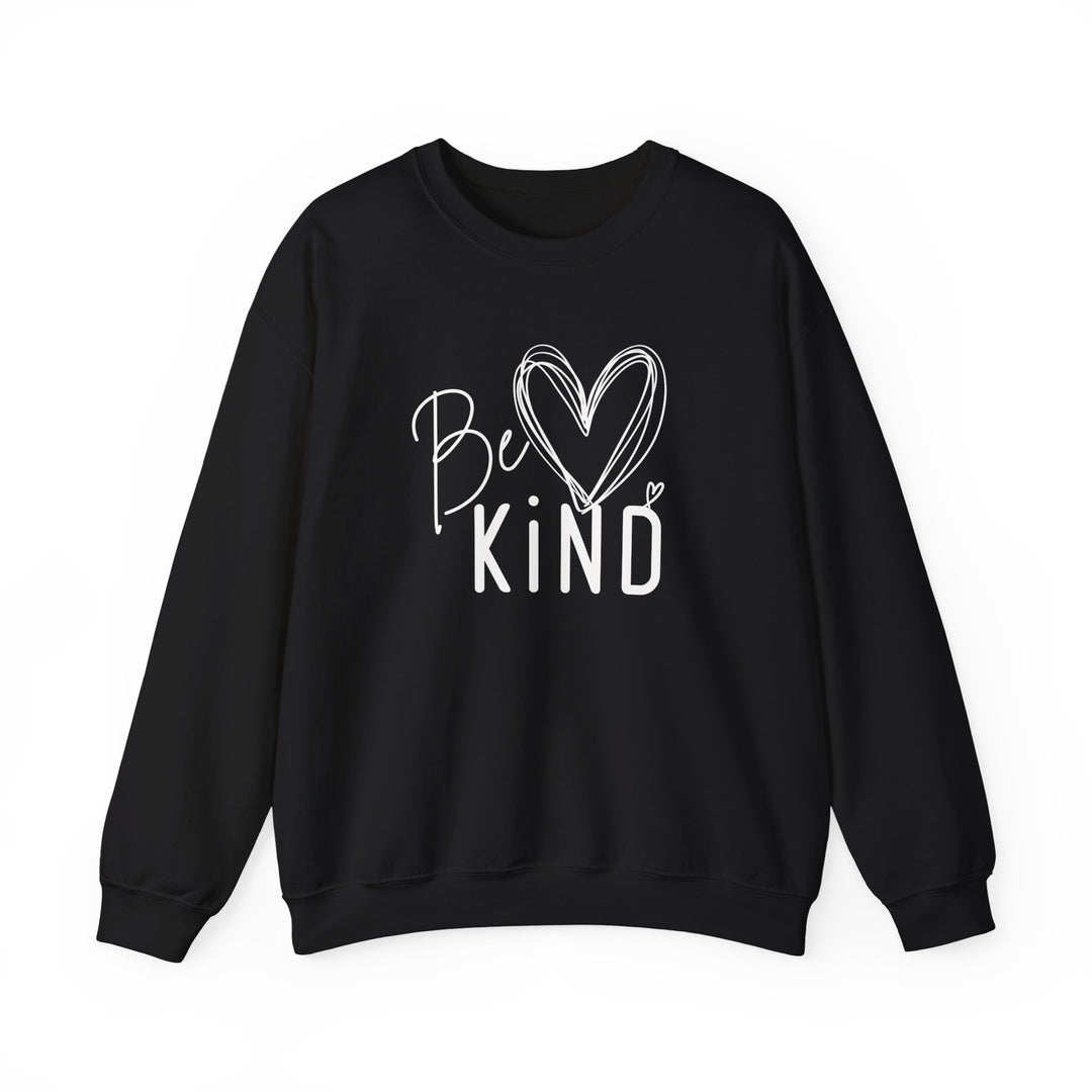 Black crew-neck sweatshirt with Be KIND graphic in cursive and block font, featuring a heart accent, laid flat on a white background.