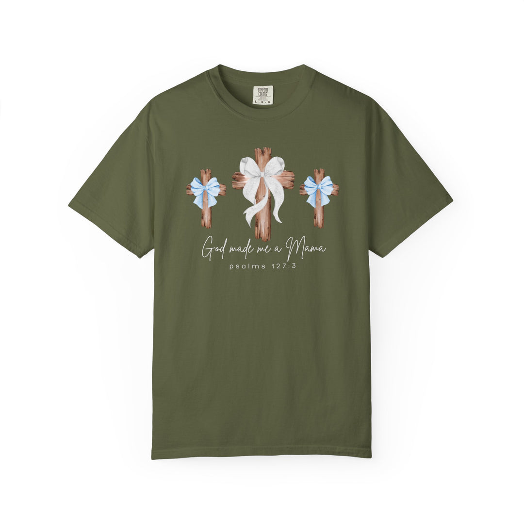 Moss-green God Made Me a Mama tee featuring rustic wooden crosses with bows, crafted from soft, durable, 100% cotton by Comfort Colors.