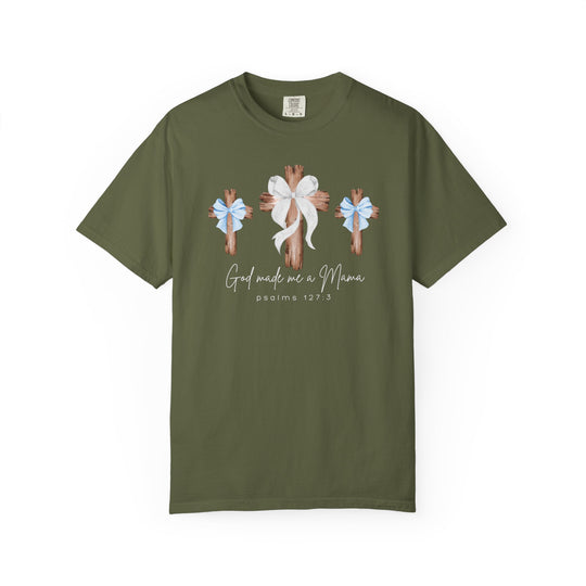 Moss-green God Made Me a Mama tee featuring rustic wooden crosses with bows, crafted from soft, durable, 100% cotton by Comfort Colors.