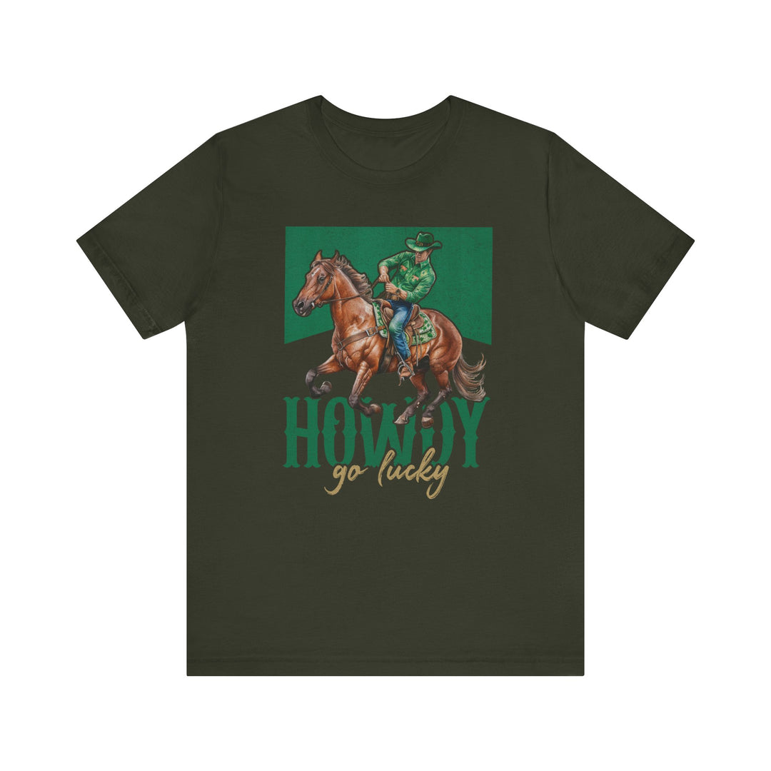 Howdy Go Lucky Tee featuring a cowboy riding a horse, crafted from soft cotton for a comfortable fit. Ideal for fans of unique graphic t-shirts.