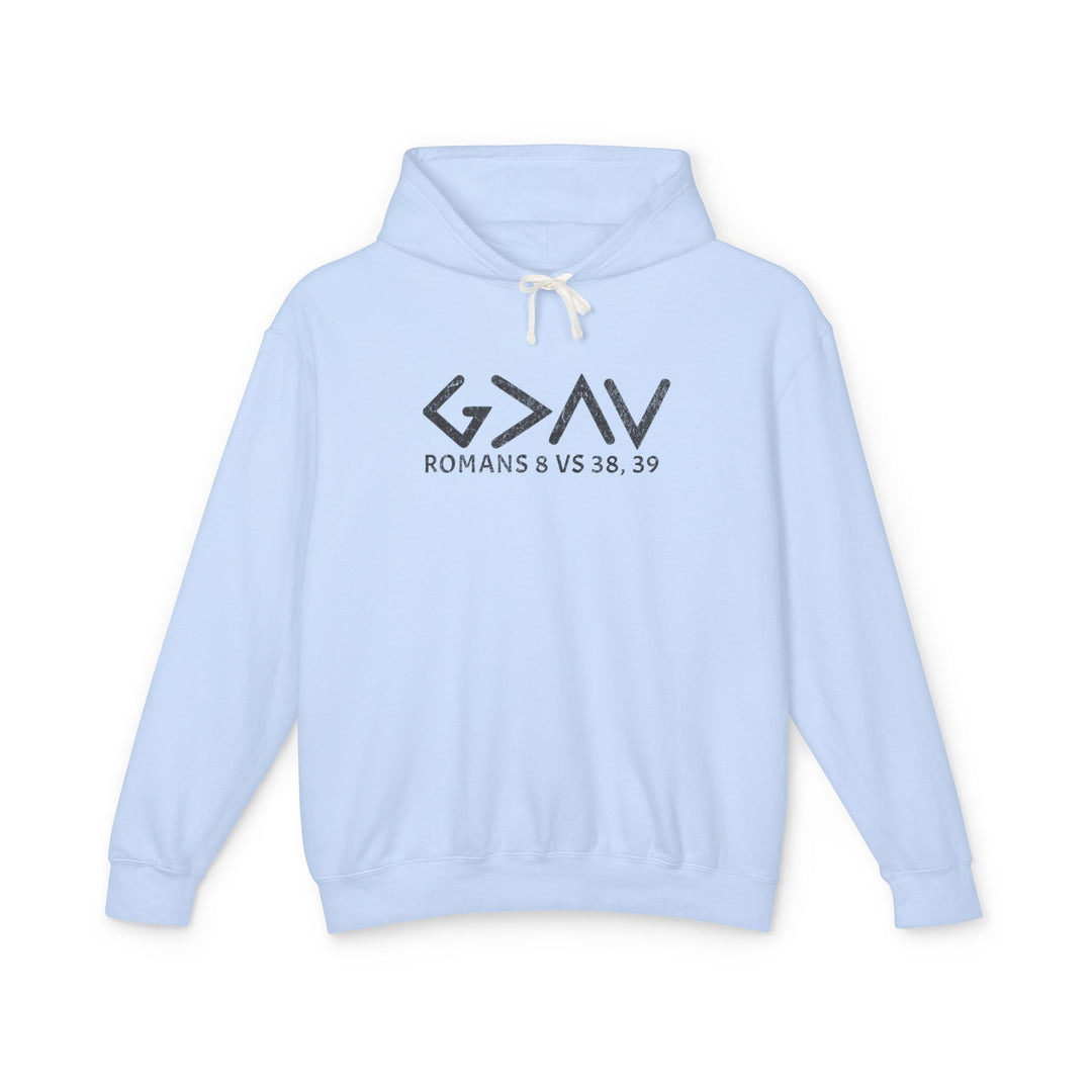 God is Greater Hoodie - Matching Set: Light blue sweatshirt with black text, featuring a relaxed fit and jersey-lined hood. Made from 100% ring-spun US cotton.