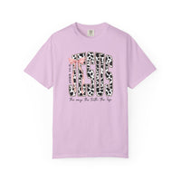 Light lavender-pink John 14:6 Tee featuring a cow-print JESUS graphic, glitter accents, pink bow, and script quote, the way, the truth, the life.