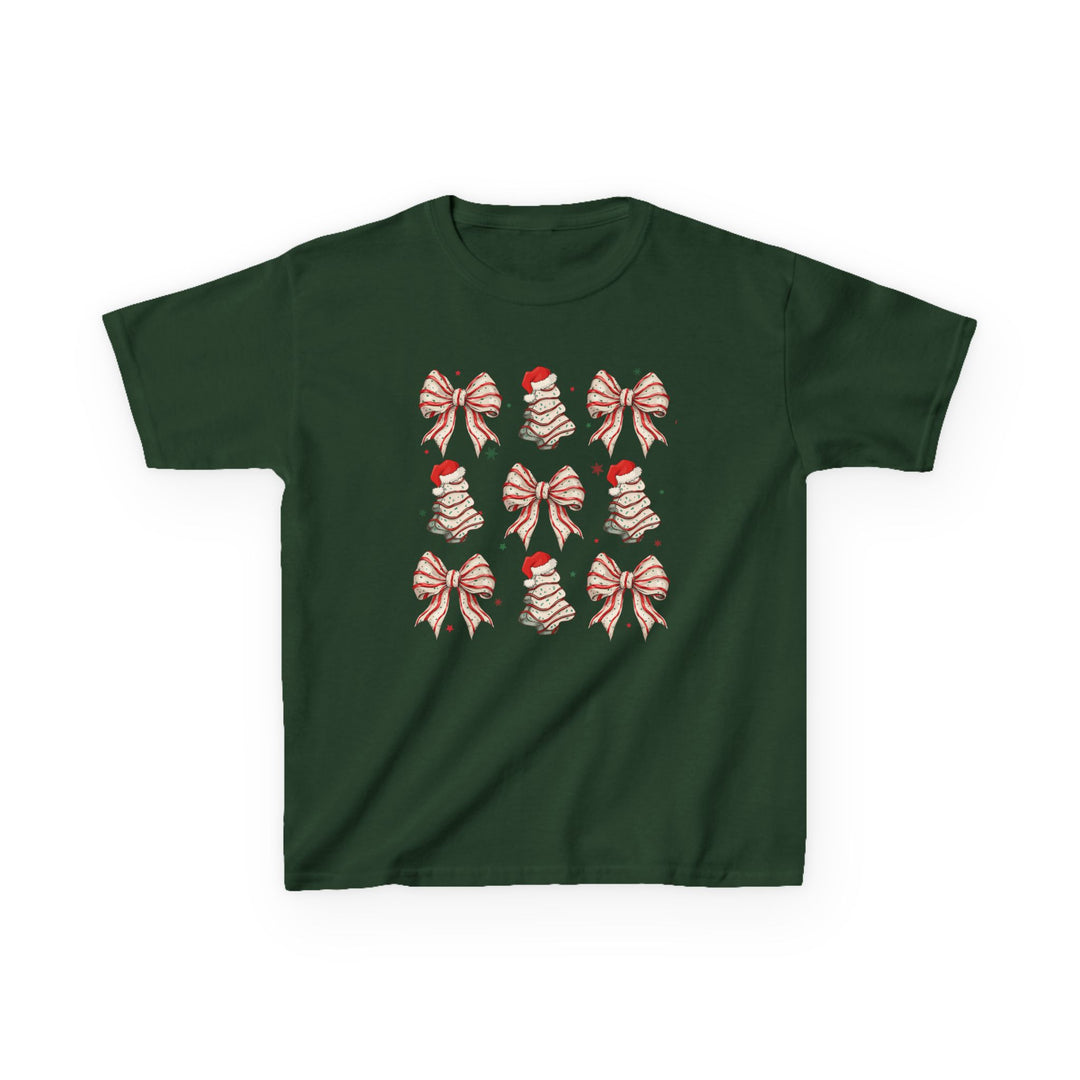 Cookies and Bows Kids Tee featuring a nine-block holiday motif with festive bows and Christmas trees, perfect for everyday wear.