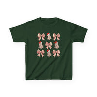 Cookies and Bows Kids Tee featuring a nine-block holiday motif with festive bows and Christmas trees, perfect for everyday wear.