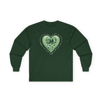 Dark-forest-green Delight in the Lord long-sleeve tee with heart graphic and shamrock bow, featuring inspirational text on chest, displayed flat.