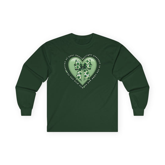 Dark-forest-green Delight in the Lord long-sleeve tee with heart graphic and shamrock bow, featuring inspirational text on chest, displayed flat.