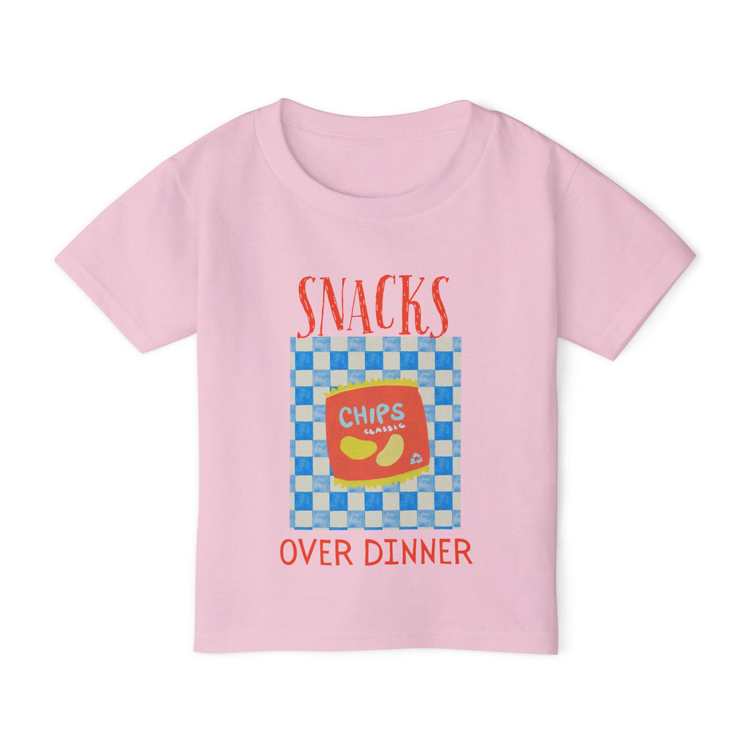 Heavy Cotton™ Toddler T-shirt with SNACKS graphic, featuring a red bag of CHIPS Classic on a checkerboard, perfect for stylish, eco-friendly wear.