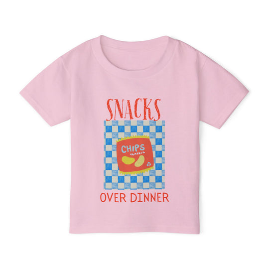 Heavy Cotton™ Toddler T-shirt with SNACKS graphic, featuring a red bag of CHIPS Classic on a checkerboard, perfect for stylish, eco-friendly wear.