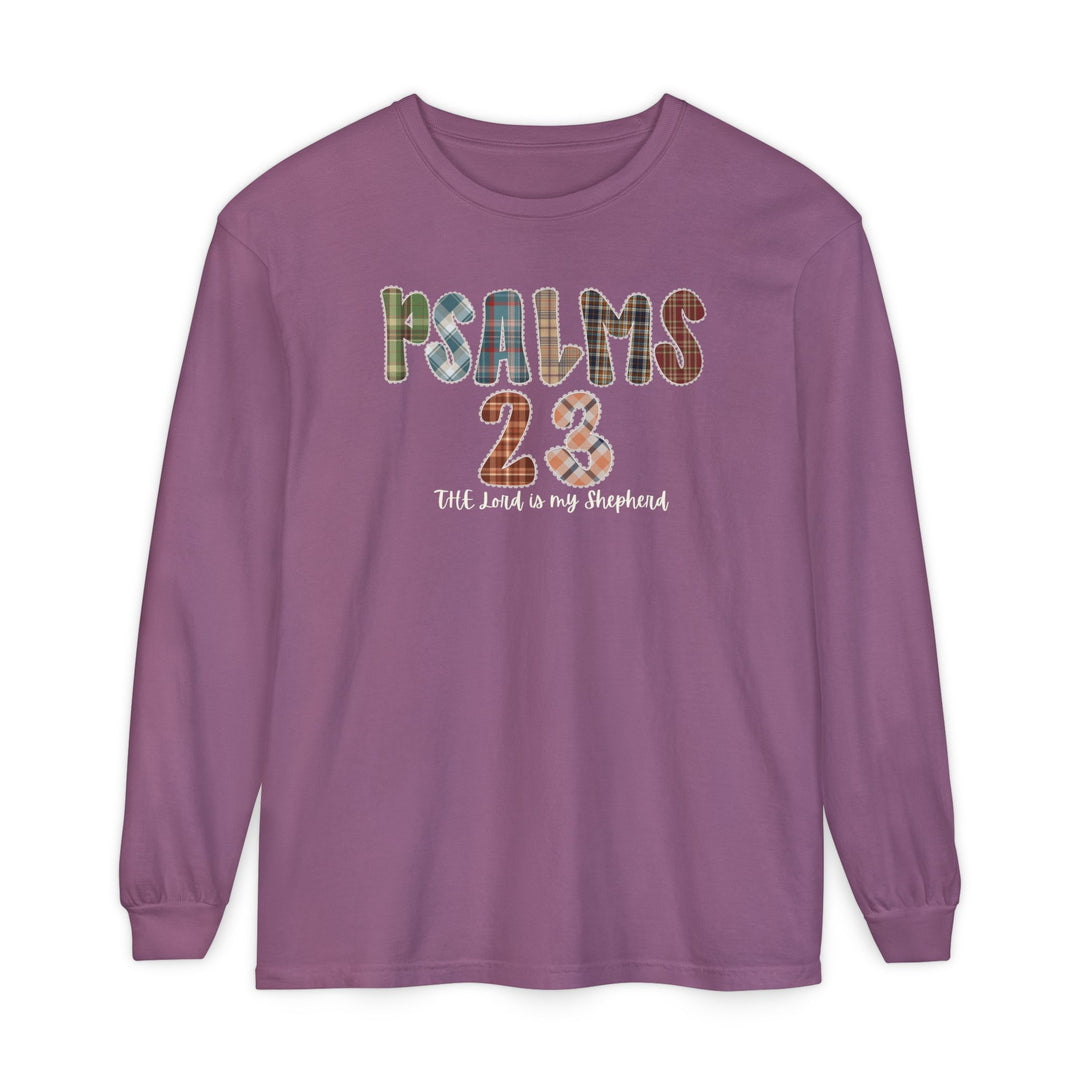 Psalms 23 Long Sleeve Tee: Mauve crewneck with plaid-style PSALMS 23 and cursive The Lord is my Shepherd. Crafted from 100% ring-spun cotton for comfort.