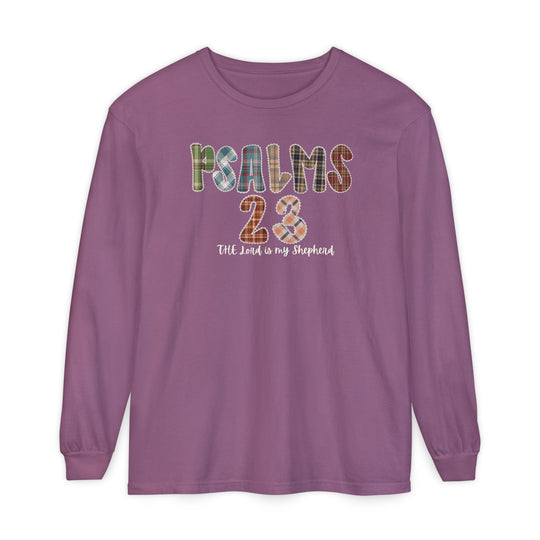 Psalms 23 Long Sleeve Tee: Mauve crewneck with plaid-style PSALMS 23 and cursive The Lord is my Shepherd. Crafted from 100% ring-spun cotton for comfort.