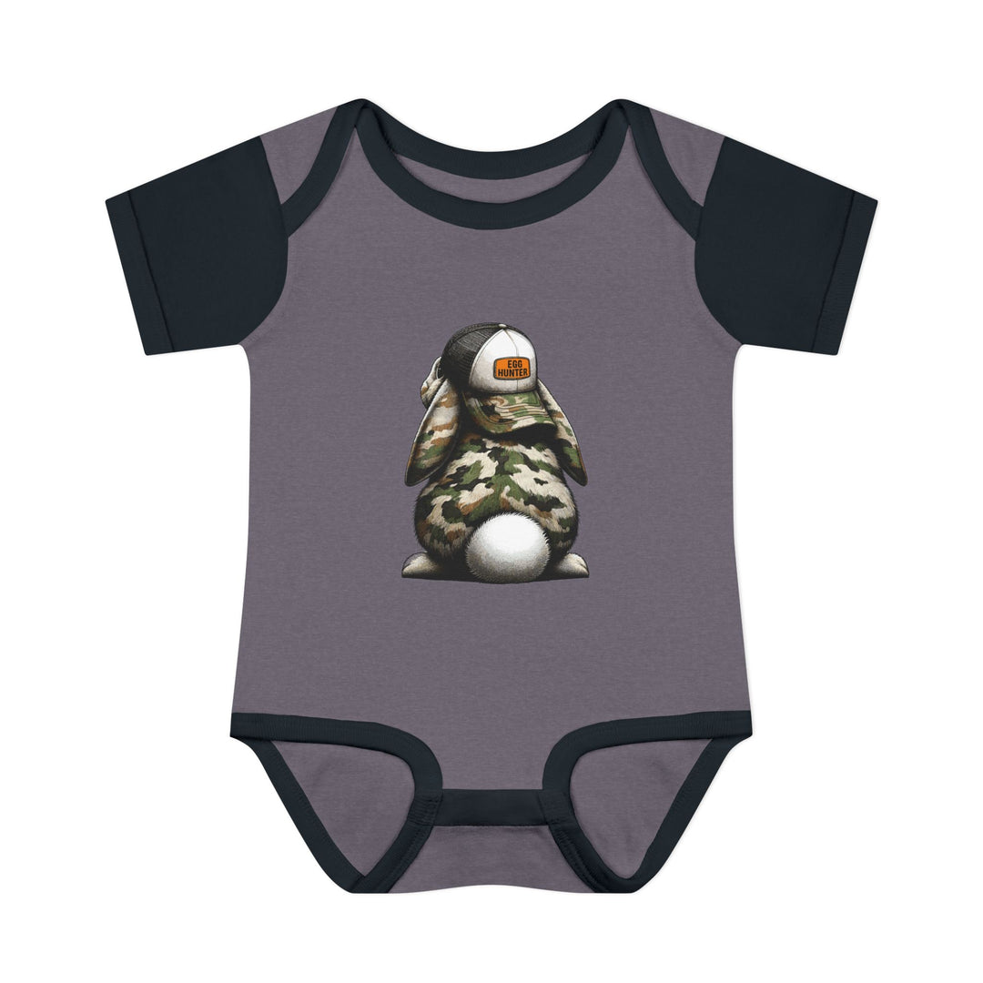 Egg Hunter Onesie featuring a cartoon bunny, designed for infants with soft, ring-spun cotton, lap shoulders for easy adjustments. Ideal for comfort and style.