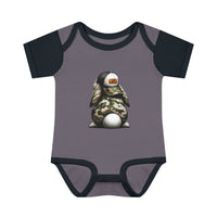 Egg Hunter Onesie featuring a cartoon bunny, designed for infants with soft, ring-spun cotton, lap shoulders for easy adjustments. Ideal for comfort and style.
