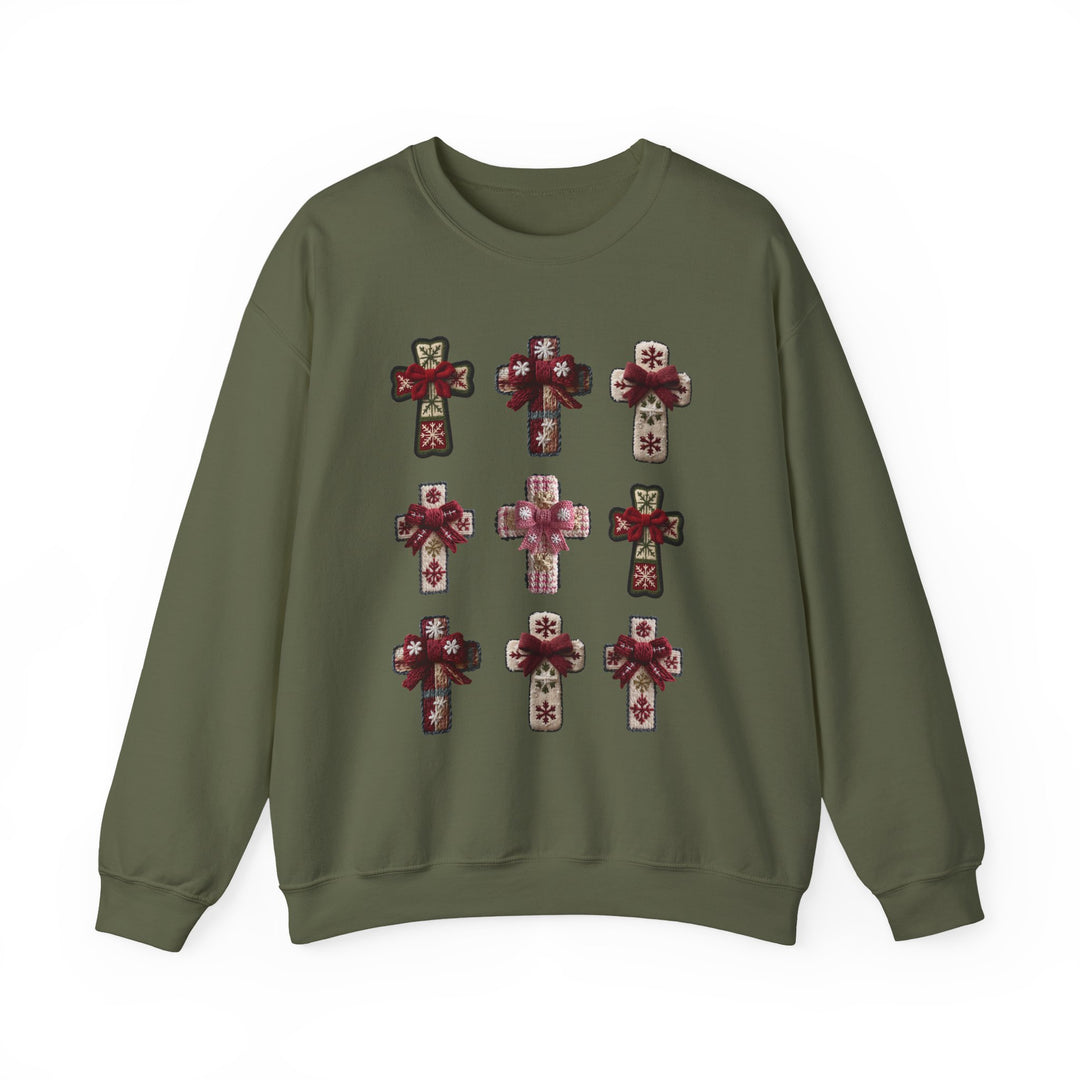 Crosses Crew sweatshirt featuring nine appliquéd, snowflake-adorned crosses with bows, offering a cozy, festive feel. Made from a durable cotton-poly blend for comfort.