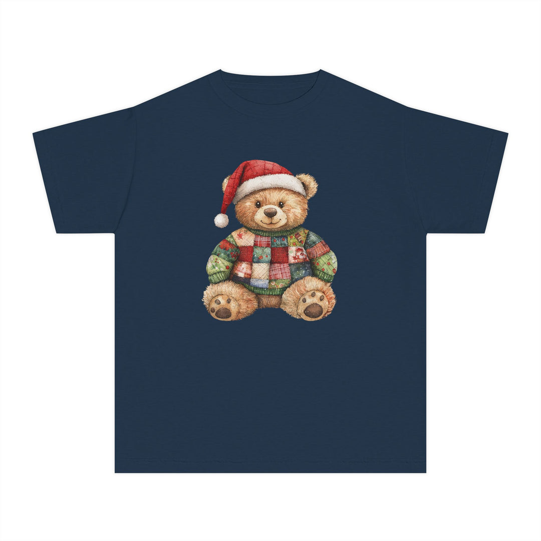 Navy-blue Christmas Bear Kids Tee with teddy bear graphic wearing a Santa hat and patchwork sweater, designed for comfort and agility in kids' active schedules.