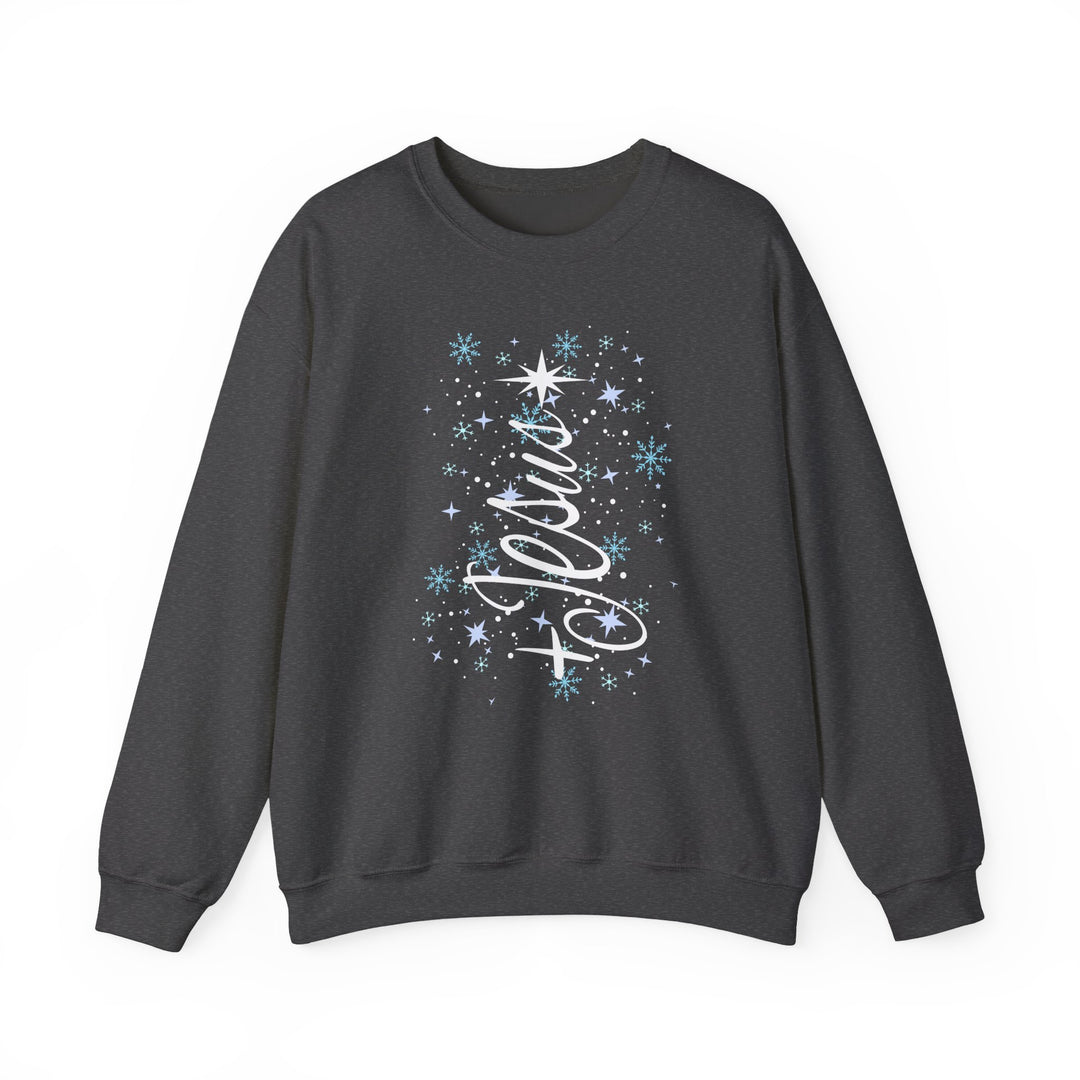 Jesus Tree Crew sweatshirt with Noel script and snowflakes, resembling a Christmas tree design, ideal for cozy winter comfort and unique holiday style.