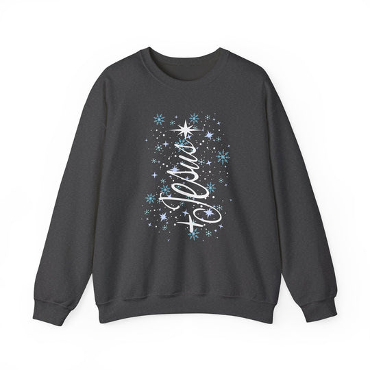 Jesus Tree Crew sweatshirt with Noel script and snowflakes, resembling a Christmas tree design, ideal for cozy winter comfort and unique holiday style.