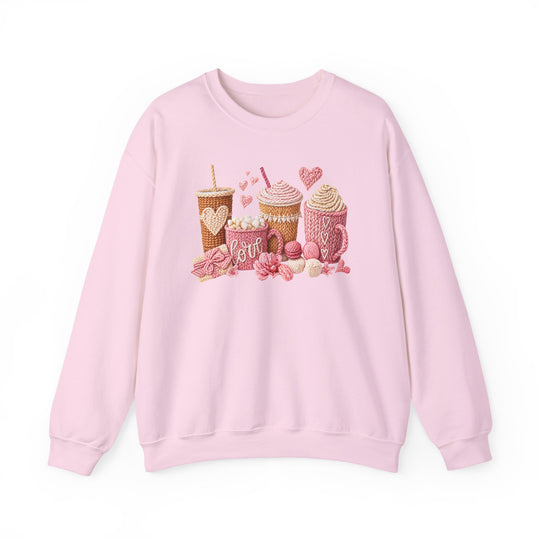 Coffee Love Crew sweatshirt with cozy mug and heart graphic, ideal for comfort. Features ribbed collar, no side seams, 50/50 cotton-polyester blend.