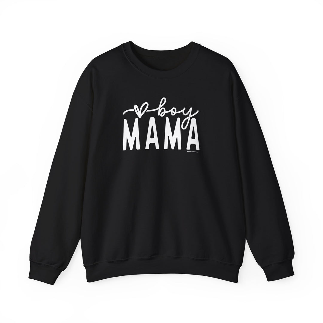 Unisex Boy Mama Crew sweatshirt: Black with white text. Heavy blend fabric, ribbed knit collar, no itchy side seams. 50% cotton, 50% polyester. Loose fit, true to size. Sizes S-5XL.