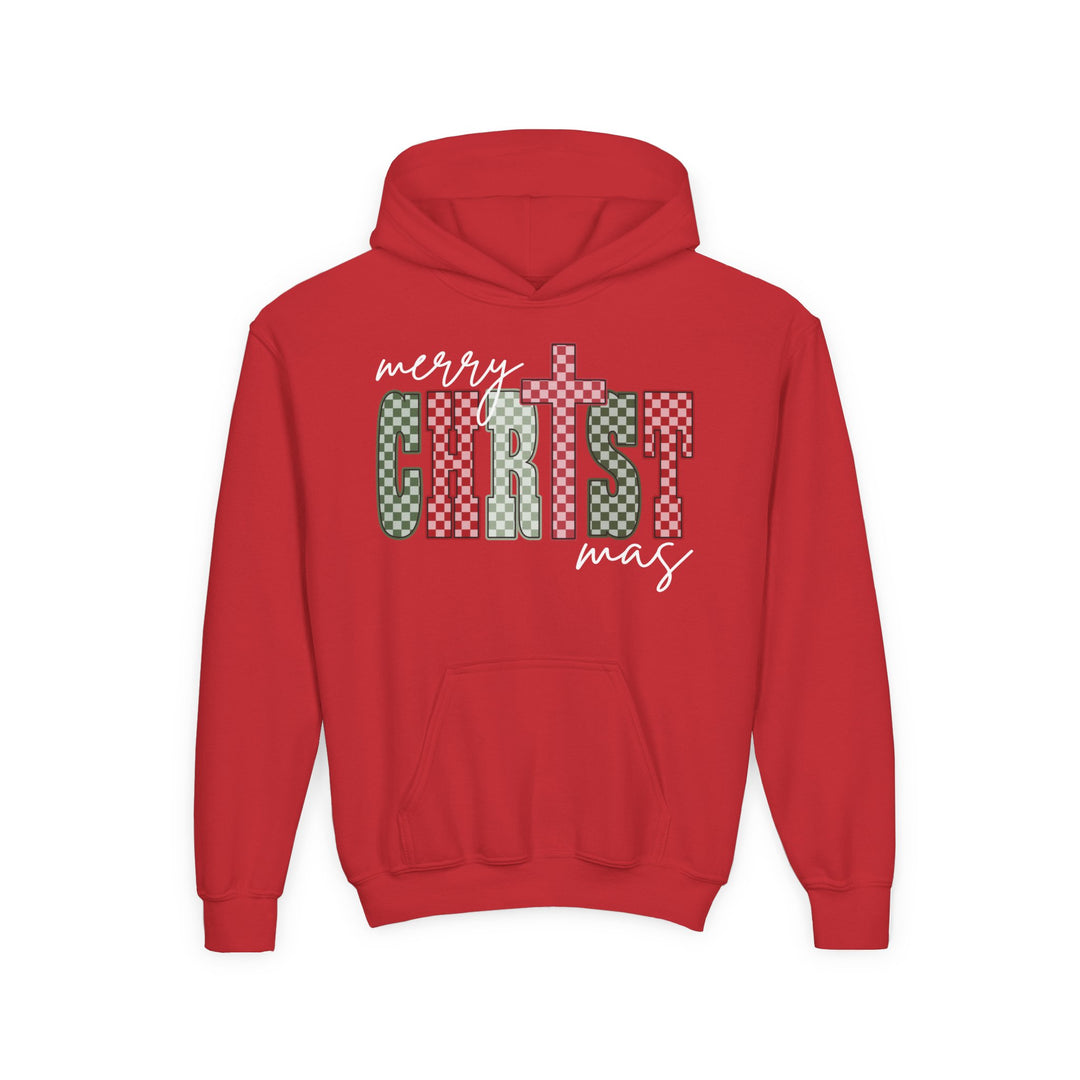 Christmas Youth Hoodie with “merry Christmas” graphic; features ultra-soft fleece, kangaroo pocket, and reinforced neck, perfect for cozy festive wear.