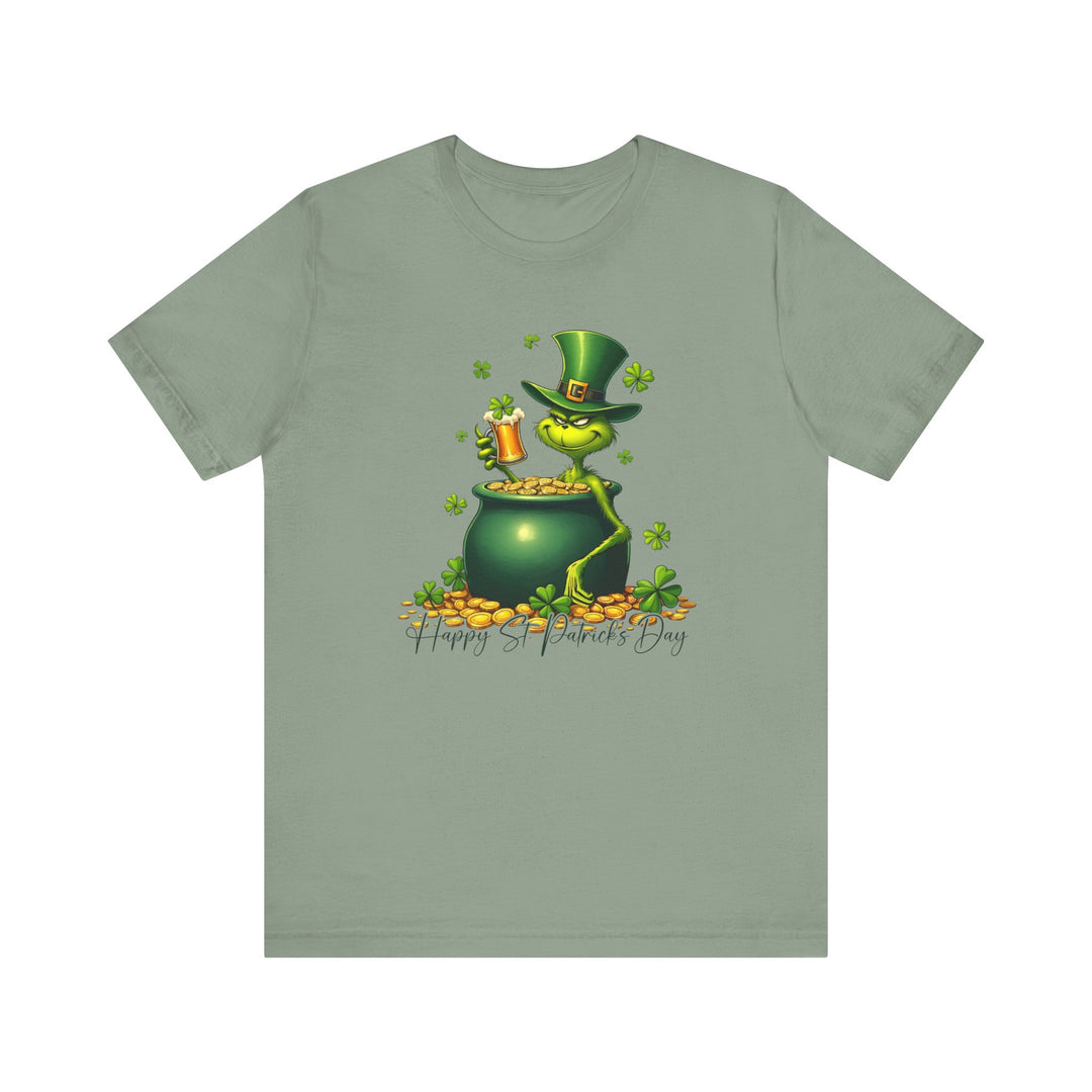 Grinchy St Patrick's Tee featuring a cartoon leprechaun with a pot of gold and shamrock, on a classic unisex short sleeve jersey.