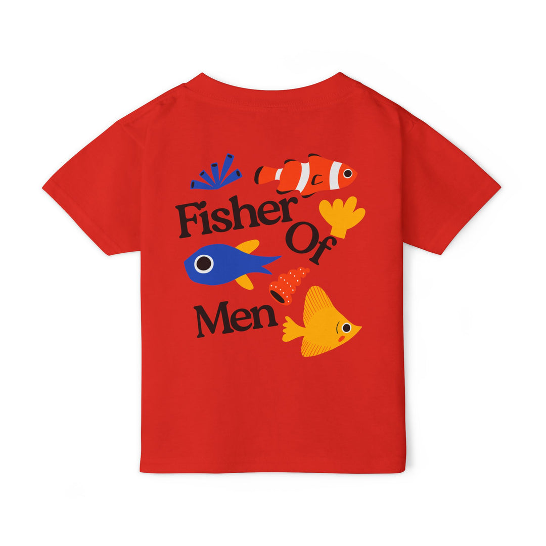 Fisher of Men Toddler Tee featuring colorful fish and sea plants on a red shirt, highlighting style and eco-consciousness with soft, 100% cotton fabric.