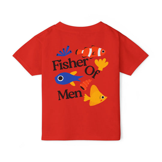 Fisher of Men Toddler Tee featuring colorful fish and sea plants on a red shirt, highlighting style and eco-consciousness with soft, 100% cotton fabric.