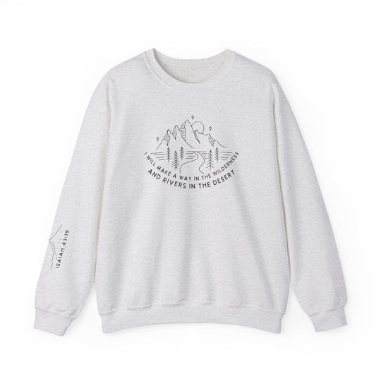 A white crewneck sweatshirt featuring a mountain and tree design, made from a cozy blend of polyester and cotton. Classic fit with ribbed knit collar and durable double-needle stitching. Ethically crafted for comfort and style.