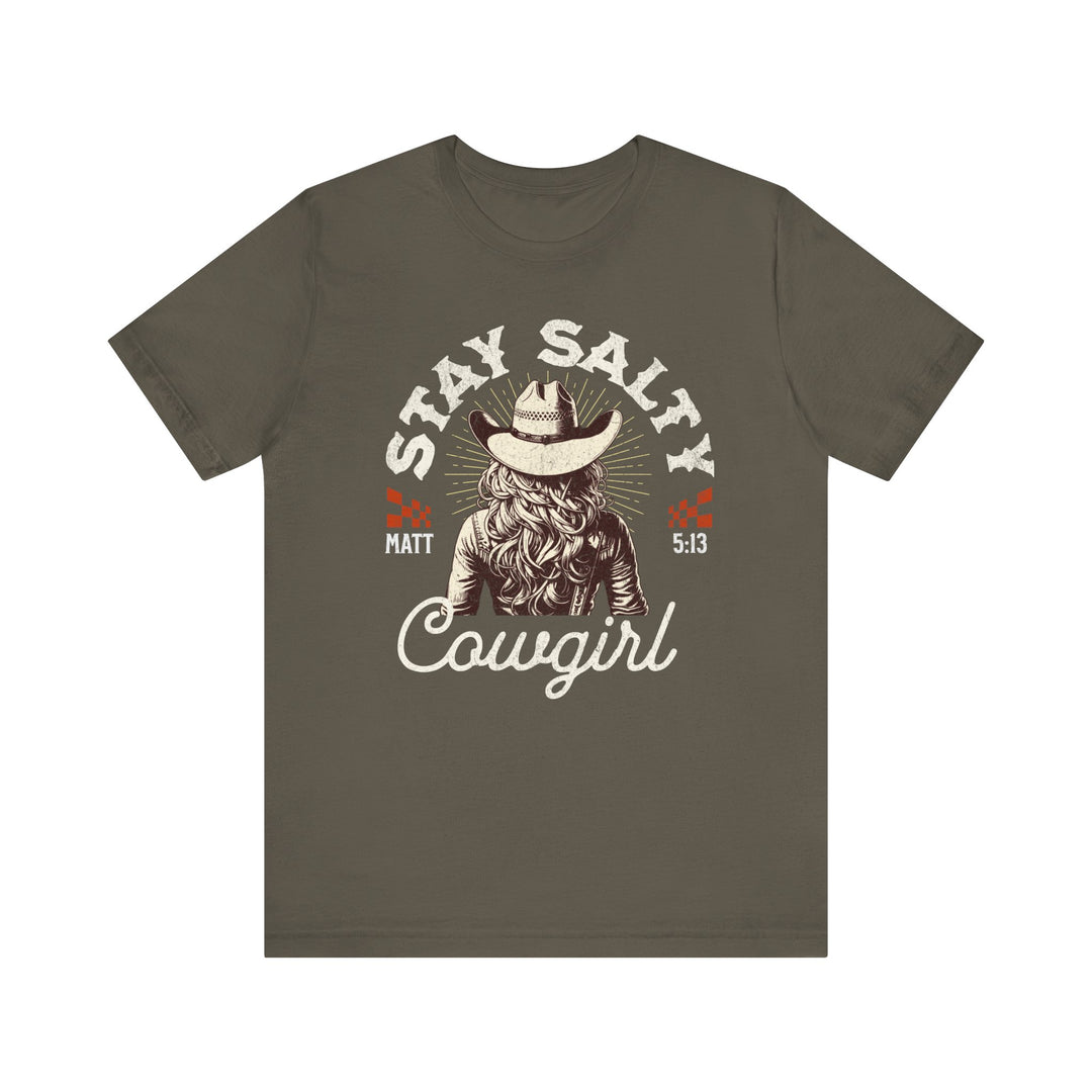 Stay Salty Tee featuring a cowgirl graphic with a cowboy hat, made from soft cotton, offering a comfortable unisex fit with durable ribbed knit collars.