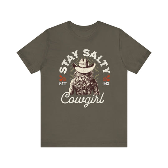 Stay Salty Tee featuring a cowgirl graphic with a cowboy hat, made from soft cotton, offering a comfortable unisex fit with durable ribbed knit collars.
