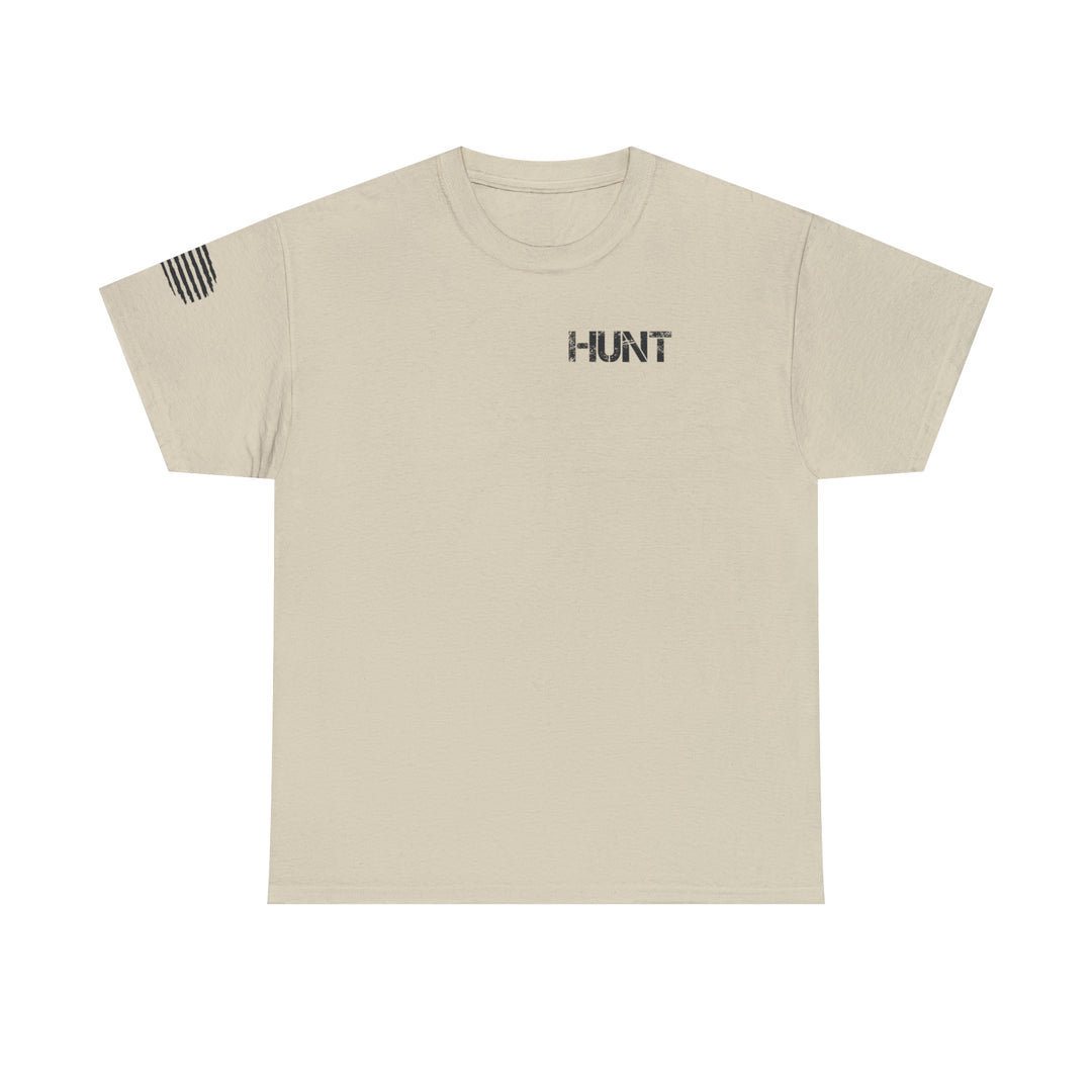 American Hunter Tee: A premium fitted men’s t-shirt with black text on white fabric. Comfy, light, and roomy, perfect for workouts or daily wear. Ribbed collar, side seams for durability. 100% combed cotton.