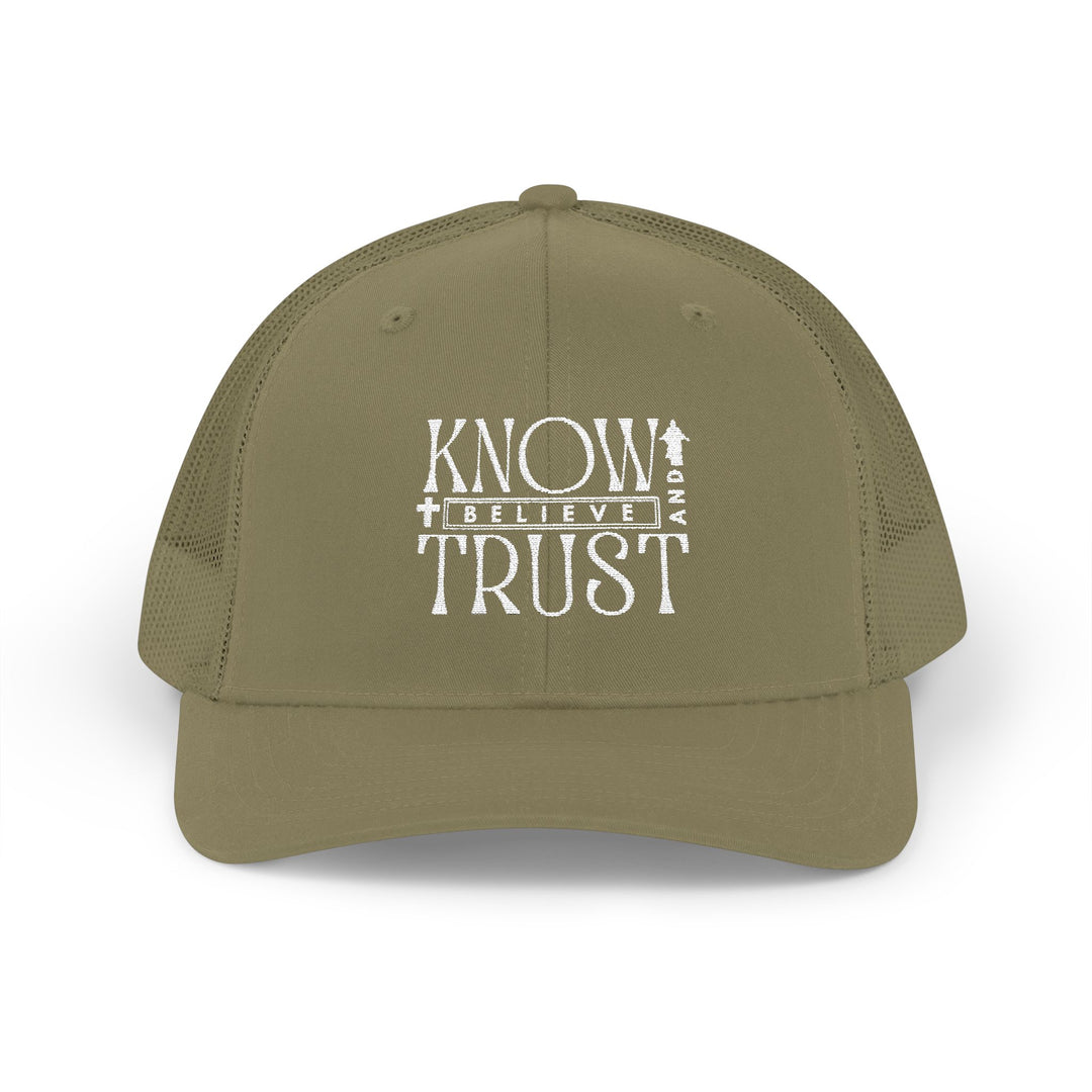 Know and Trust Snapback Trucker Cap with white embroidery, featuring a mid-profile fit, pre-curved visor, and adjustable snap closure for style and comfort.